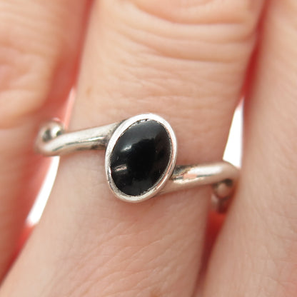 925 Sterling Silver Vintage Real Black Onyx Oxidized Bypass Ring Size 6.25