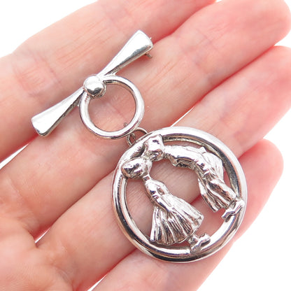 925 Sterling Silver Antique Art Deco Boy & Girl Kiss Bow Pin Brooch