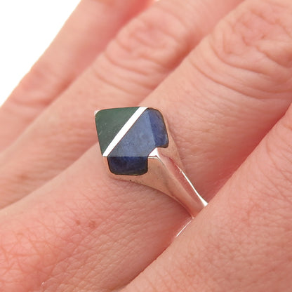 925 Sterling Silver Vintage Mexico Real Turquoise Lapis Modernist Ring Size 6.5
