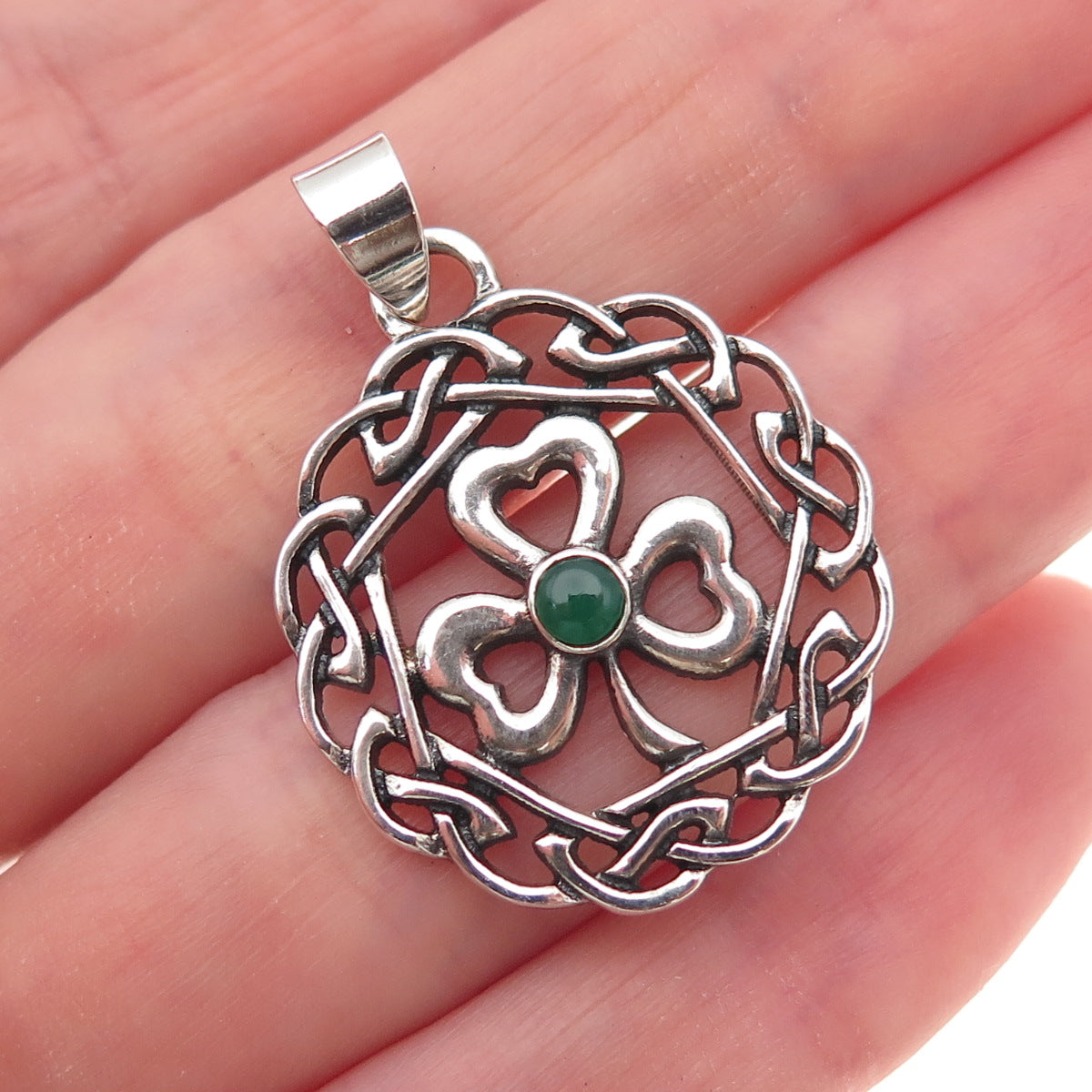 925 Sterling Silver Vintage Real Green Onyx Clover Celtic Knot Charm Pendant