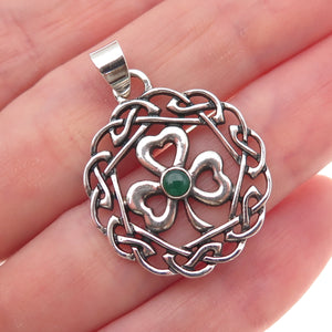 925 Sterling Silver Vintage Real Green Onyx Clover Celtic Knot Charm Pendant