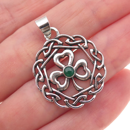 925 Sterling Silver Vintage Real Green Onyx Clover Celtic Knot Charm Pendant