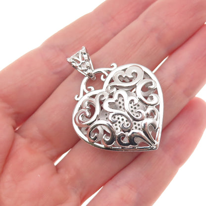 925 Sterling Silver Real Round-Cut Diamond Heart Ornate Charm Pendant
