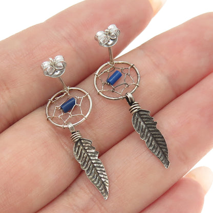 925 Sterling Silver Vintage Southwestern Real Lapis Dreamcatcher Tribal Earrings