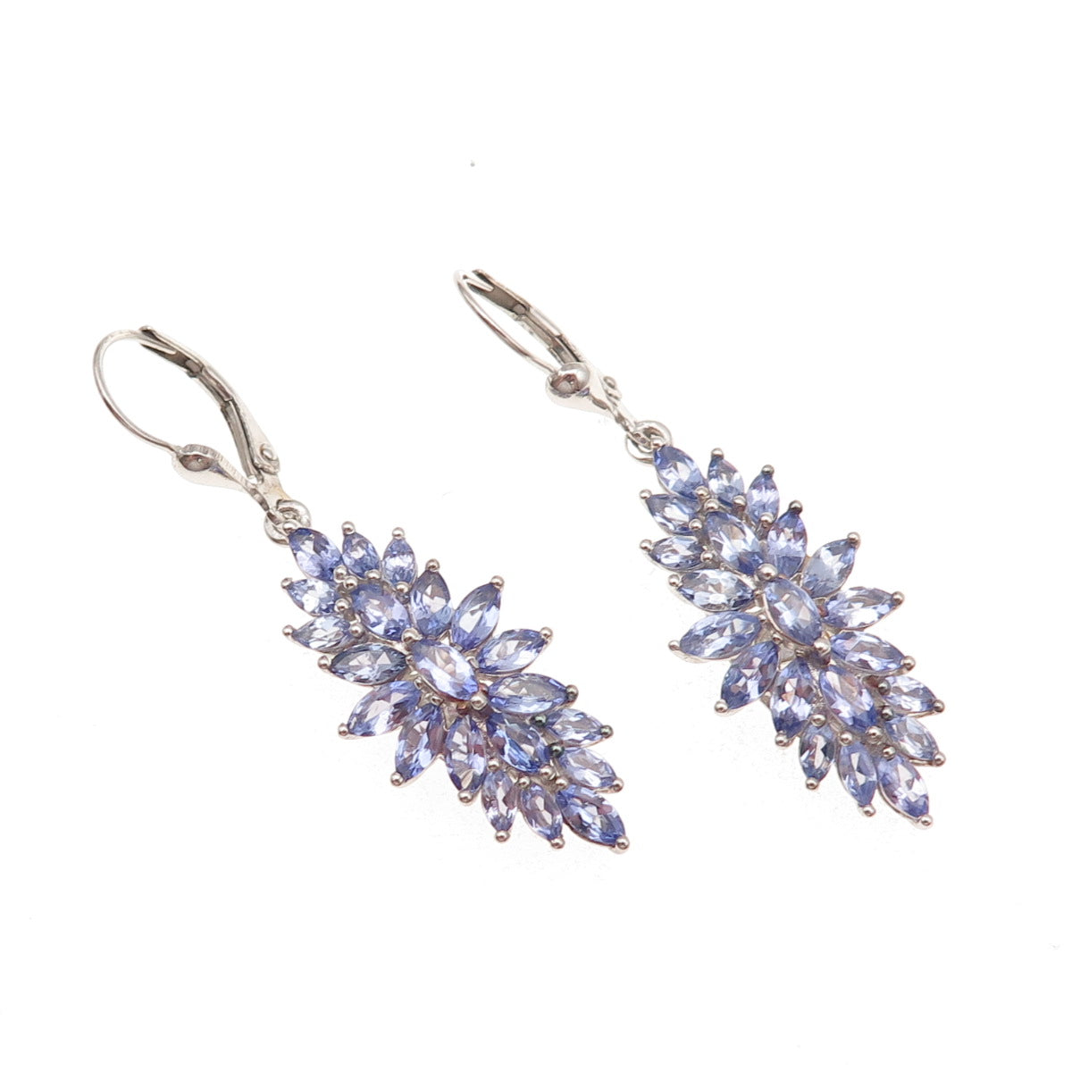 D'Joy 925 Sterling Silver Real Marquise-Cut Tanzanite Cluster Dangle Earrings