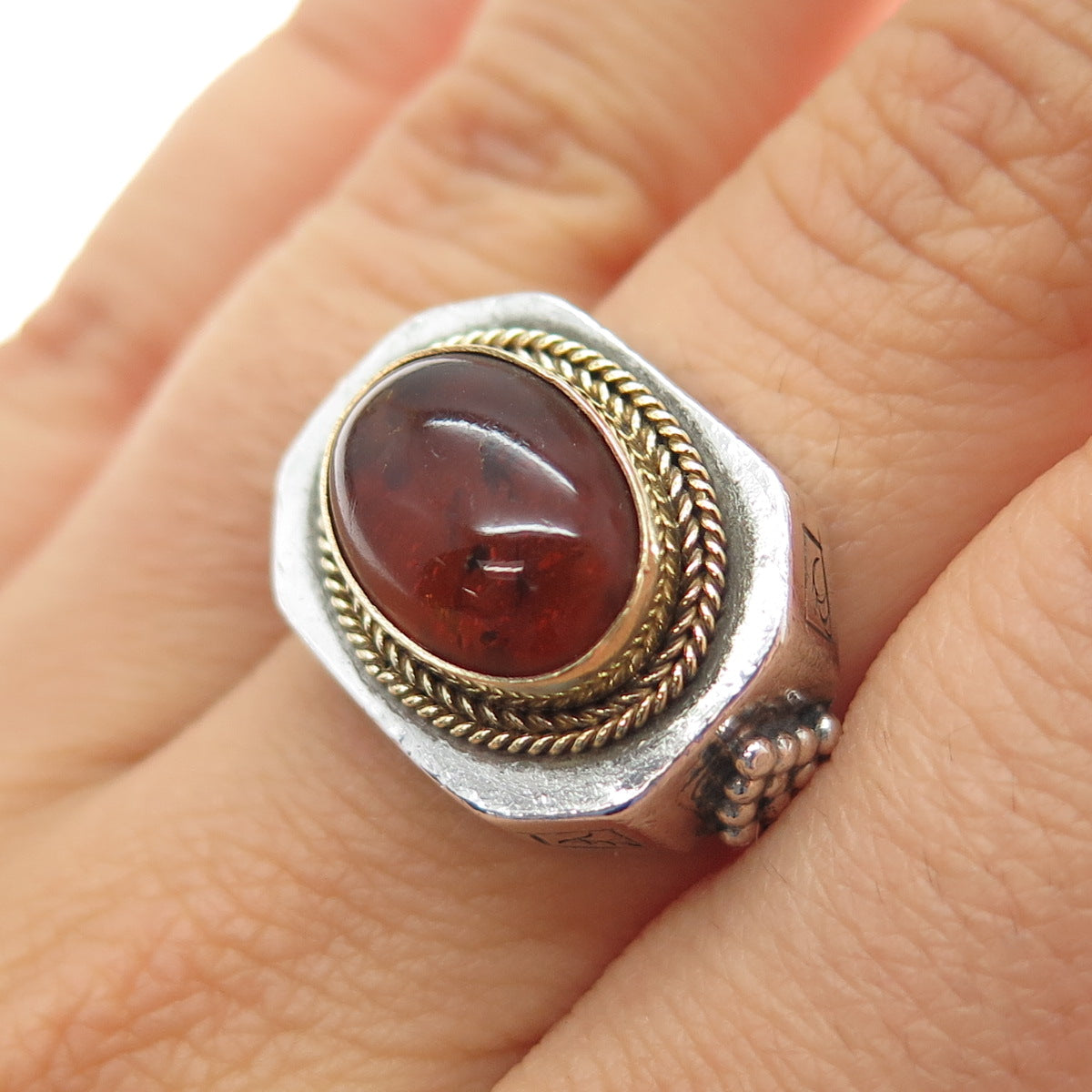 18K Gold 925 Sterling Silver Vintage Real Amber Modernist Woven Ring Size 6