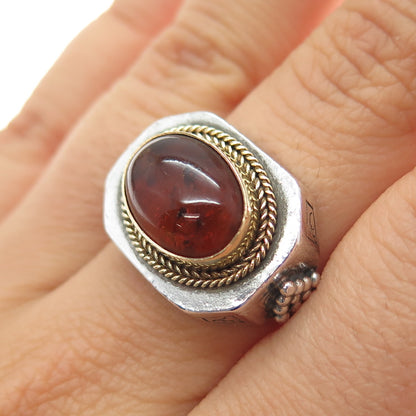 18K Gold 925 Sterling Silver Vintage Real Amber Modernist Woven Ring Size 6