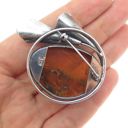 800 Silver Vintage Poland Real Amber Modernist Calla Lily Oxidized Pin Brooch