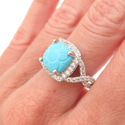 D'Joy 925 Sterling Real Sleeping Beauty Turquoise White Topaz Floral Ring Size 8