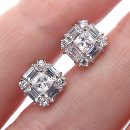 925 Sterling Silver Princess Emerald & Round-Cut C Z Stud Earrings