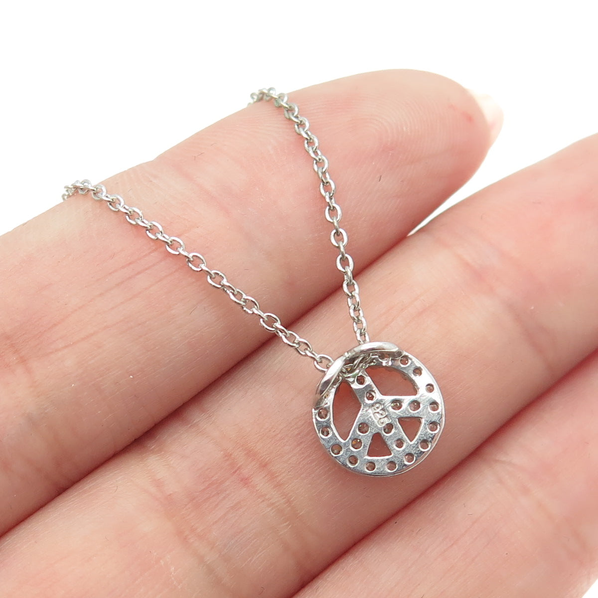 925 Sterling Silver Round-Cut Shaped C Z Symbol of Peace Rolo Chain Necklace 18"