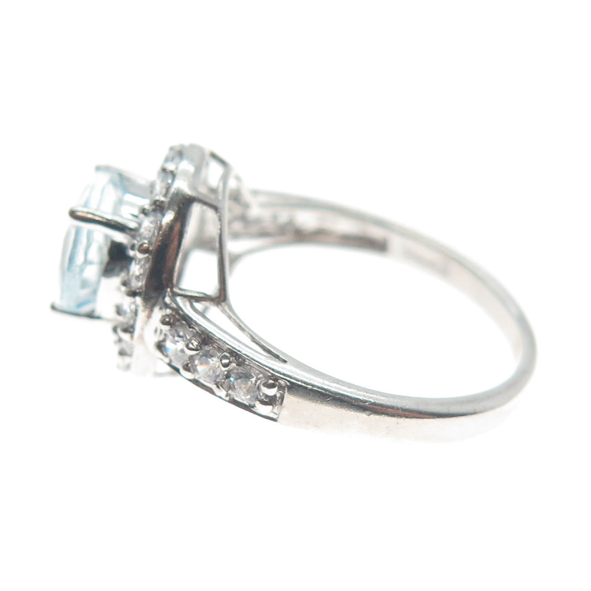 HENG NGAI 925 Sterling Silver Real Round-Cut Blue Topaz & C Z Ring Size 7.25
