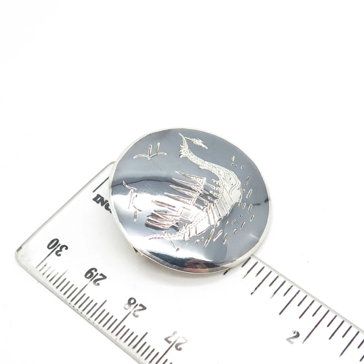 925 Sterling Silver Vintage Siam Niello Boat / Ship Round Pin Brooch