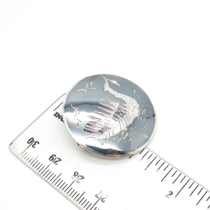 925 Sterling Silver Vintage Siam Niello Boat / Ship Round Pin Brooch