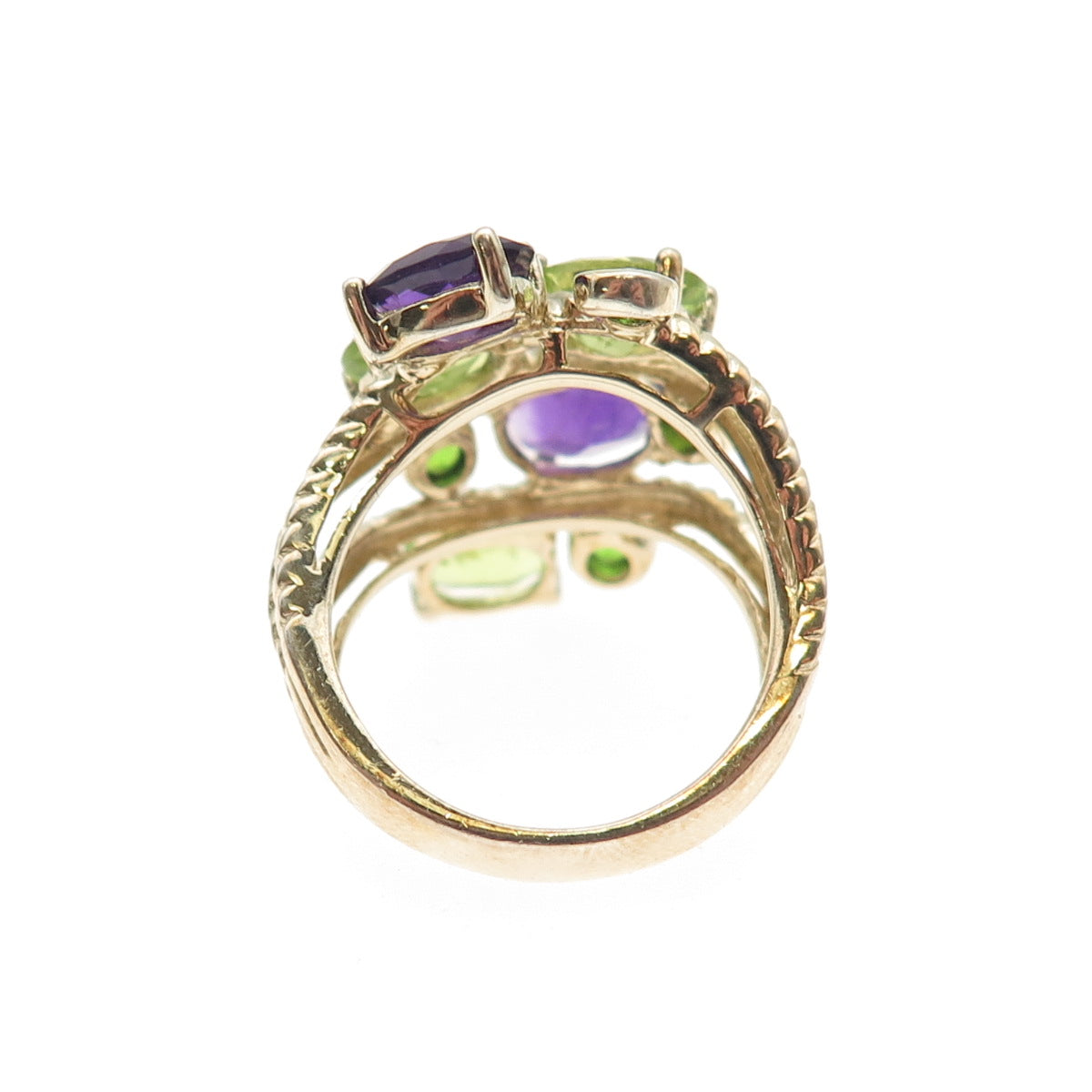 925 Sterling Silver Gold Plated Real Amethyst & Peridot Cluster Ring Size 6.25