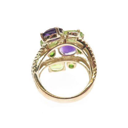 925 Sterling Silver Gold Plated Real Amethyst & Peridot Cluster Ring Size 6.25