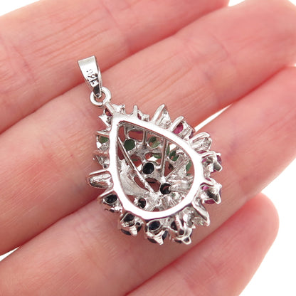 925 Sterling Silver Vintage Real Ruby Emerald & Sapphire Floral Charm Pendant