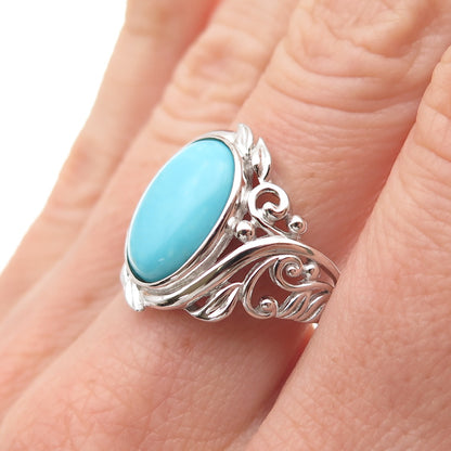 925 Sterling Silver Real Sleeping Beauty Turquoise Floral Ring Size 8.25