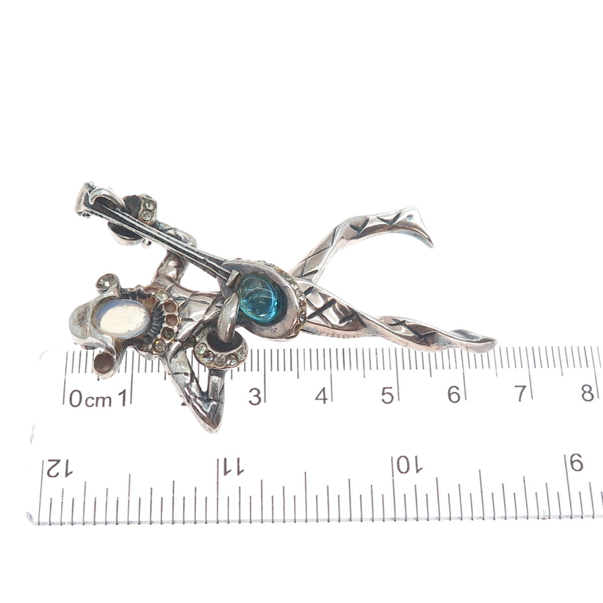 M SLATER Sterling Antique Shell Opalite Harlequin Brooch (missing 9 rhinestones)