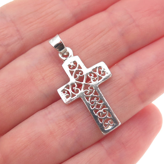 925 Sterling Silver Vintage Heart Ornate Cross Charm Pendant