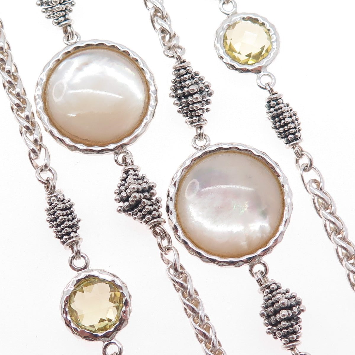 Michael Dawkins Sterling Silver Real MOP & Lemon Quartz Granulated Necklace 36"