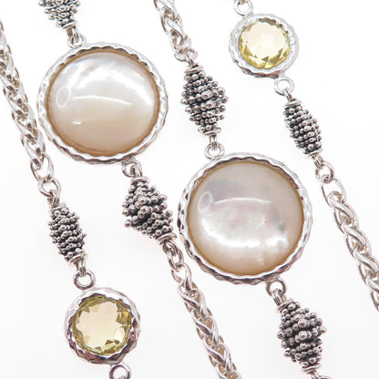 Michael Dawkins Sterling Silver Real MOP & Lemon Quartz Granulated Necklace 36"