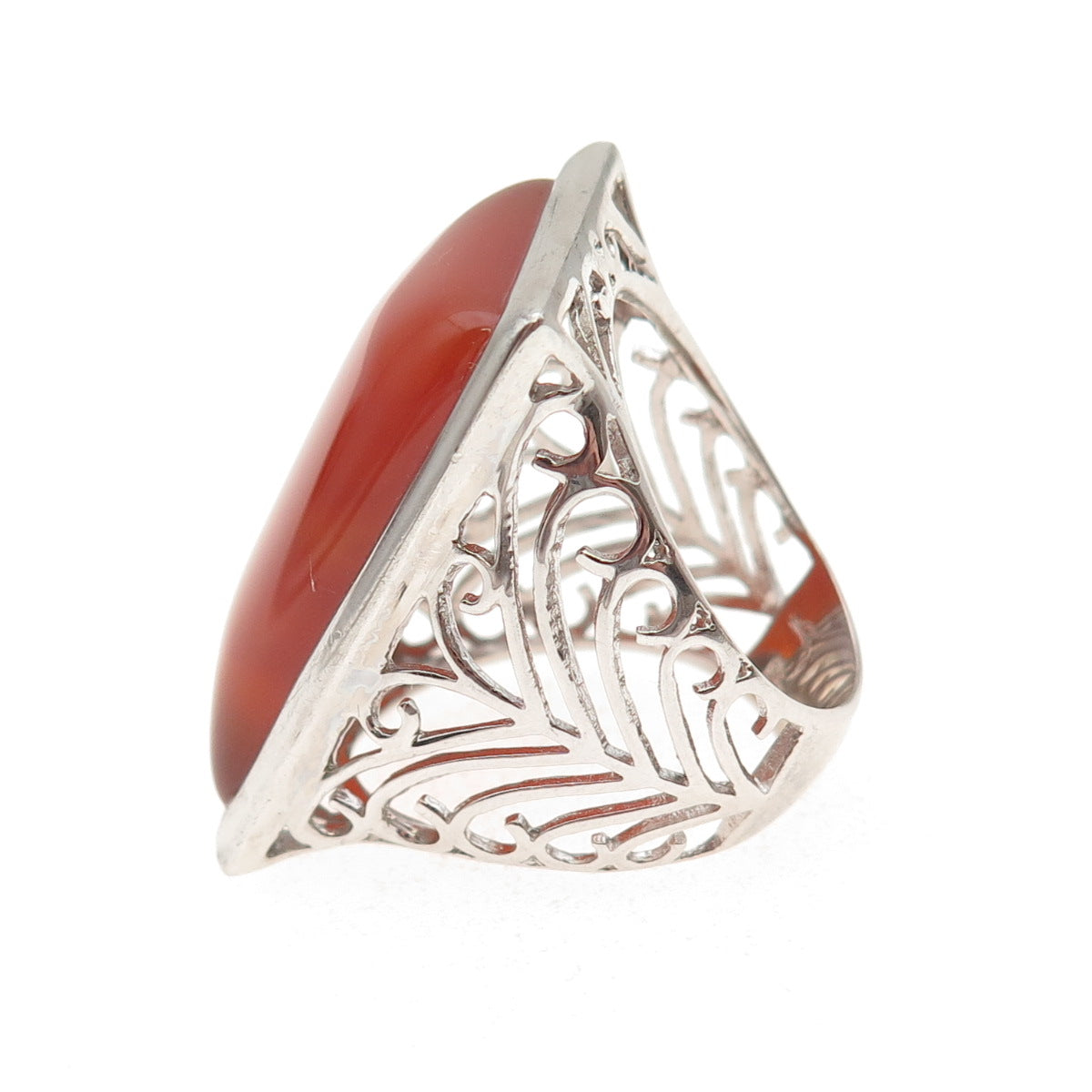 Ken Crafts 925 Sterling Silver Real Red Agate Floral Scroll Ring Size 9
