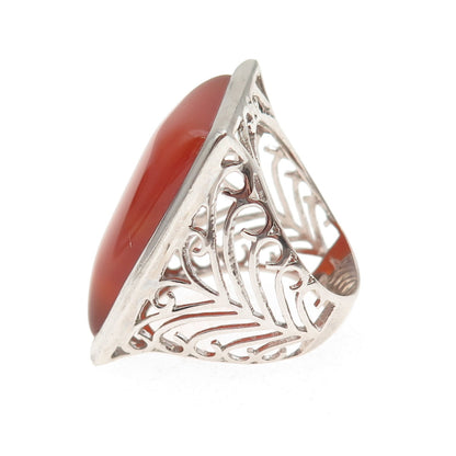 Ken Crafts 925 Sterling Silver Real Red Agate Floral Scroll Ring Size 9