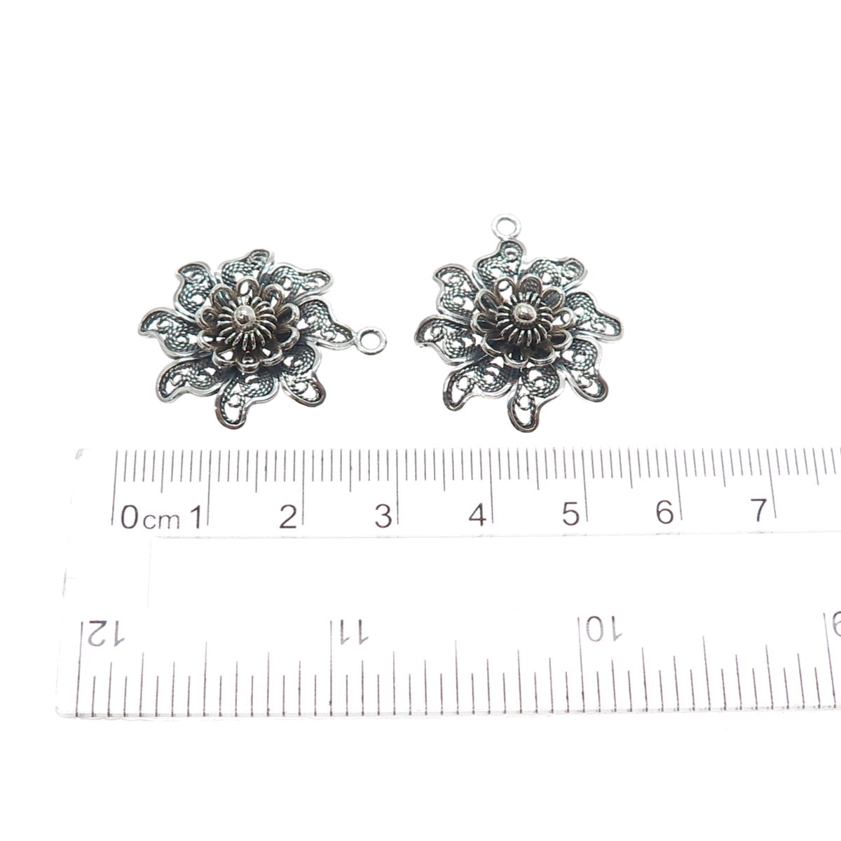 925 Sterling Silver Vintage Modernist Flower Filigree Oxidized Jacket Earrings