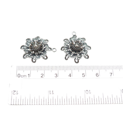 925 Sterling Silver Vintage Modernist Flower Filigree Oxidized Jacket Earrings