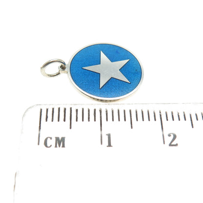 925 Sterling Silver Blue Enamel Star Minimalist Round Tag Charm Pendant