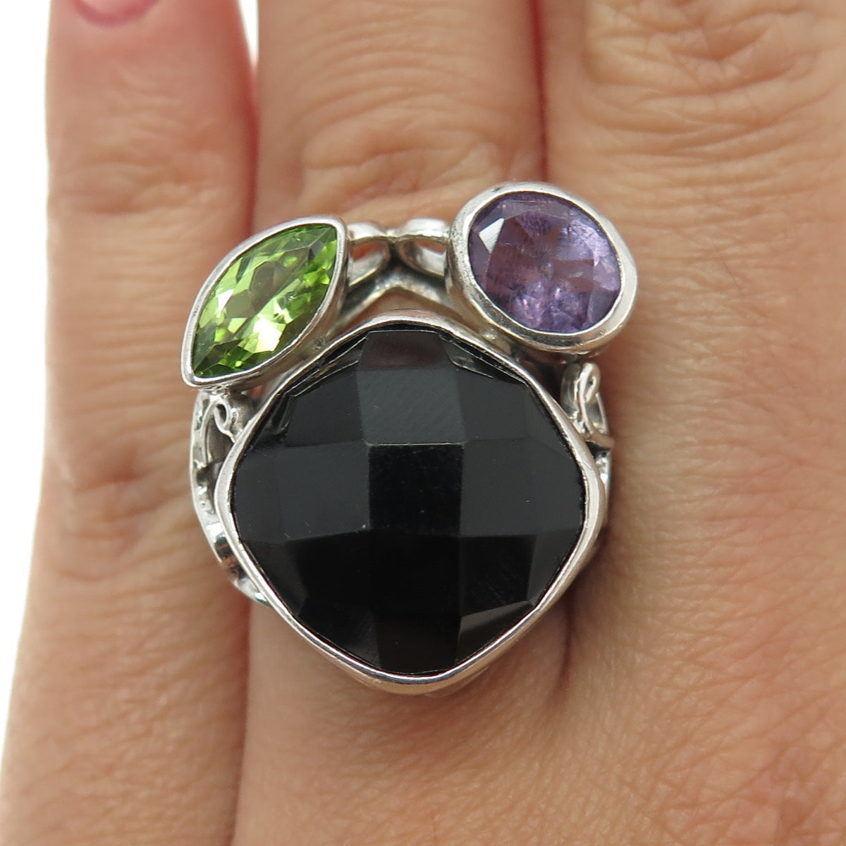 925 Sterling Silver Vintage Real Black Onyx Amethyst & Peridot Ring Size 5.5