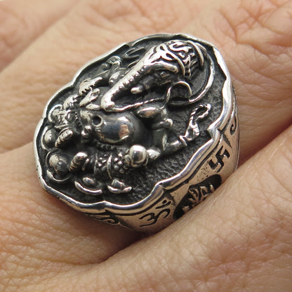 925 Sterling Silver Vintage Ganesha Hindu God Oxidized Dome Ring Size 8