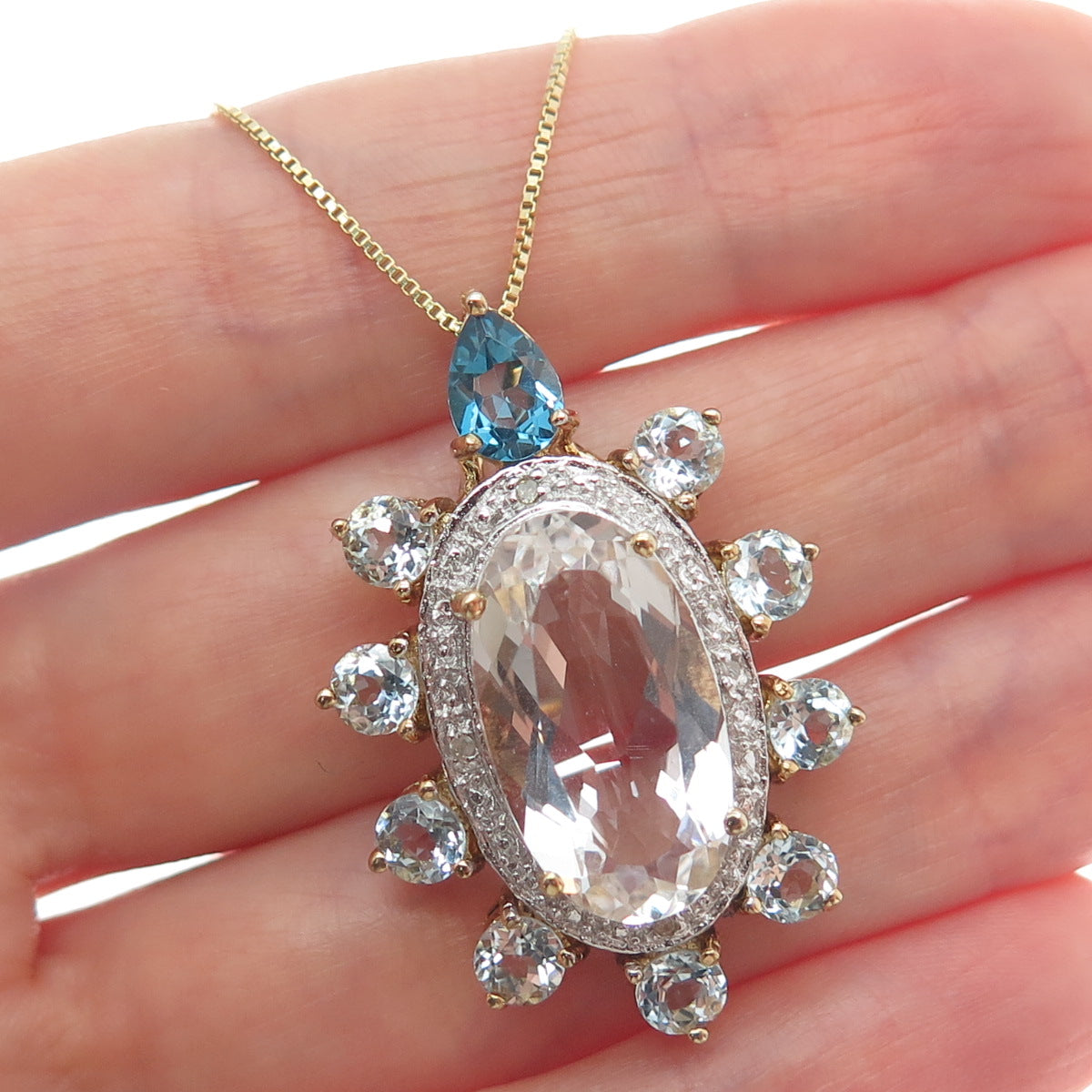 925 Sterling Gold Plated Diamond Accent Multi-Color Topaz Box Chain Necklace 18"