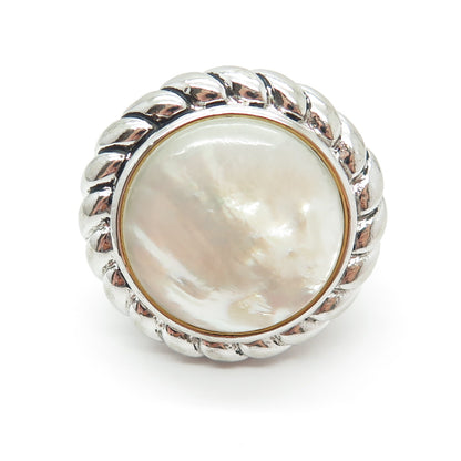 925 Sterling Silver Vintage Real Mother-of-Pearl Statement Ring Size 7.25