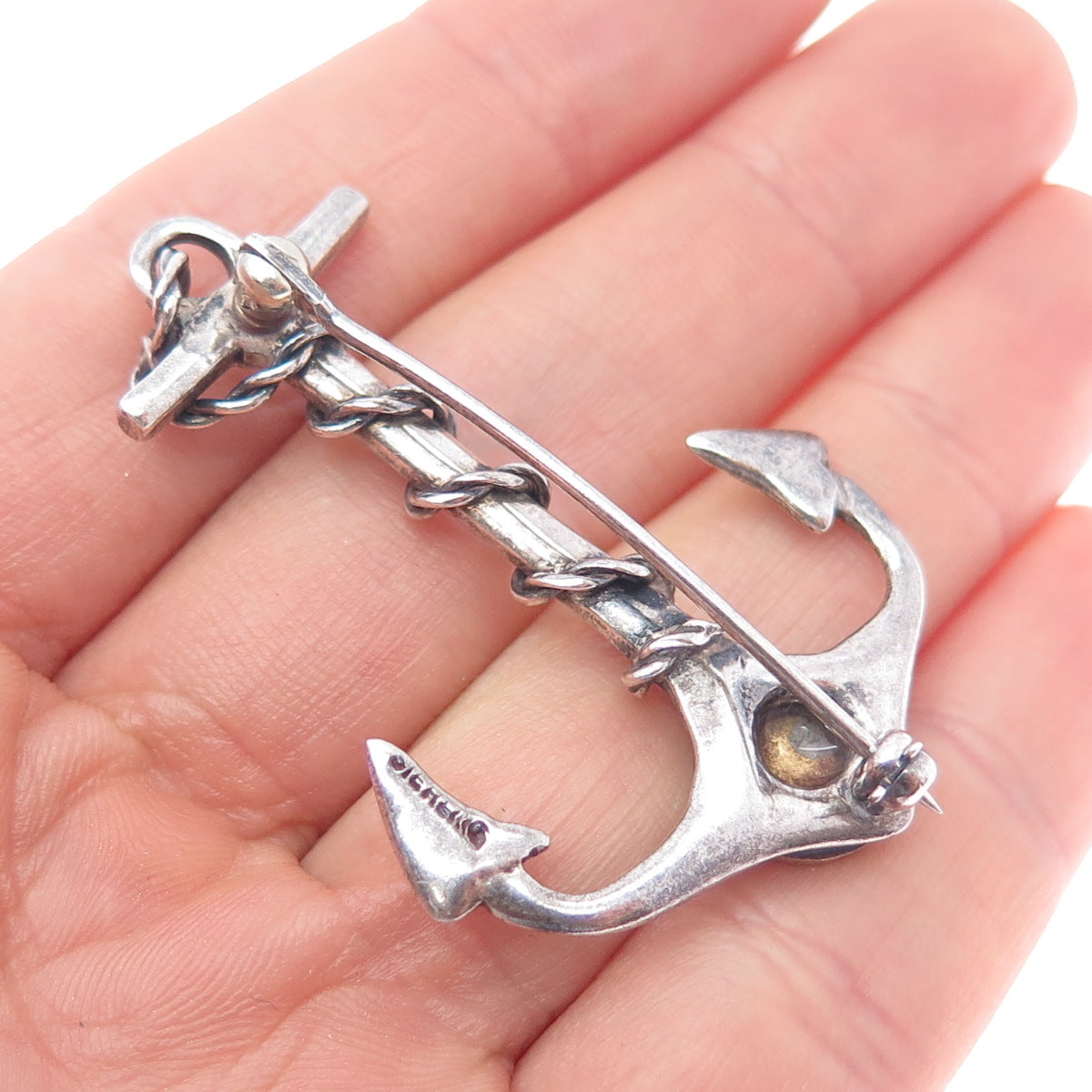 925 Sterling Silver Antique Art Deco Enamel Rudder Club Anchor Oxidized Brooch