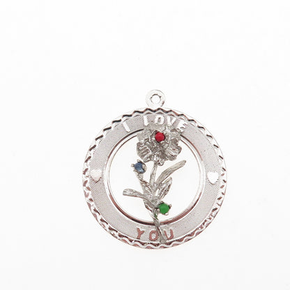 Elco 925 Sterling Silver Vintage Rhinestone I Love You Flower Charm Pendant