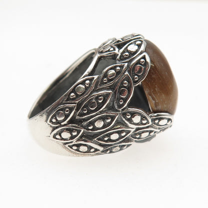 925 Sterling Silver Vintage Real Tiger Eye Modernist Oxidized Ring Size 5.75