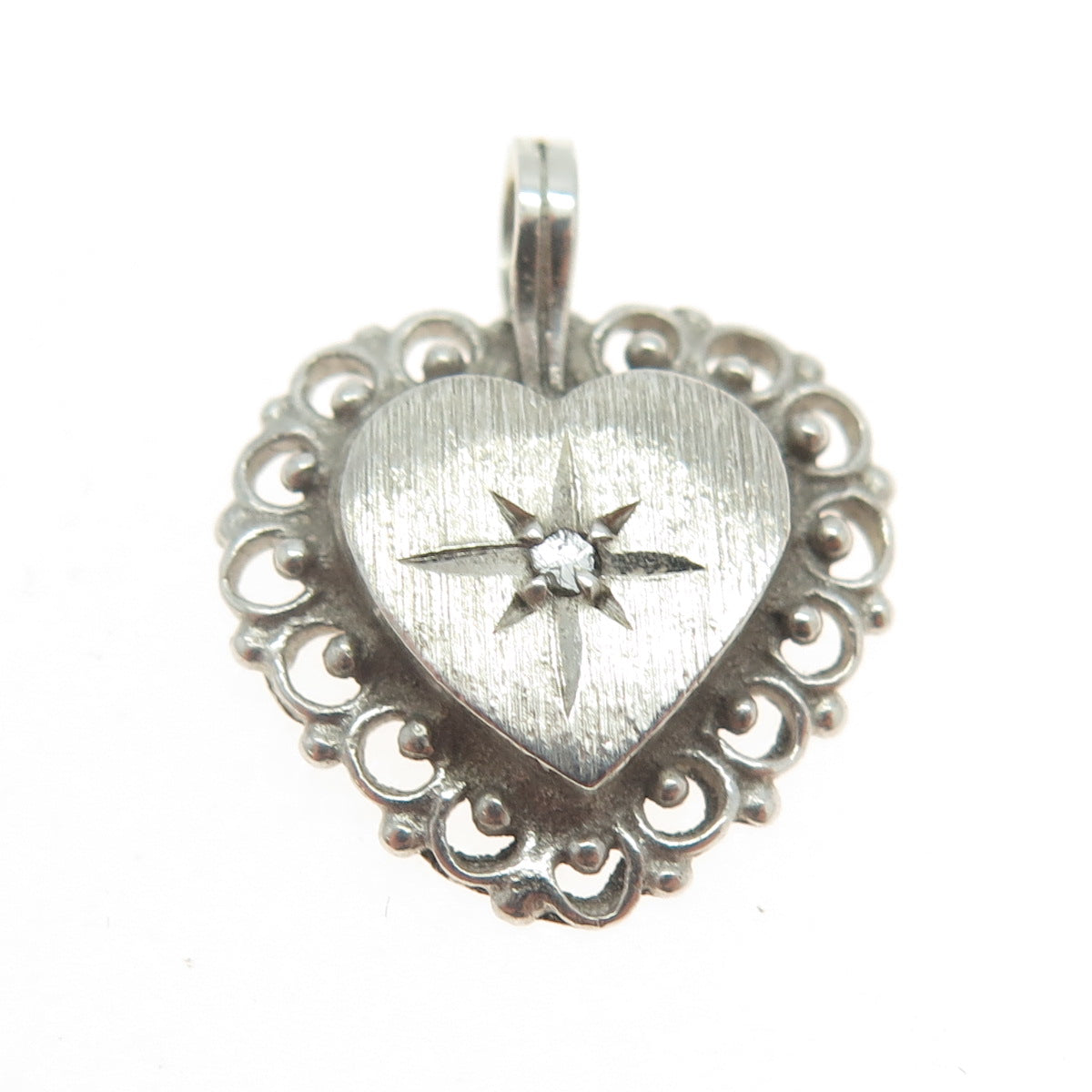 925 Sterling Silver Vintage Real White Diamond Accent Heart Pendant