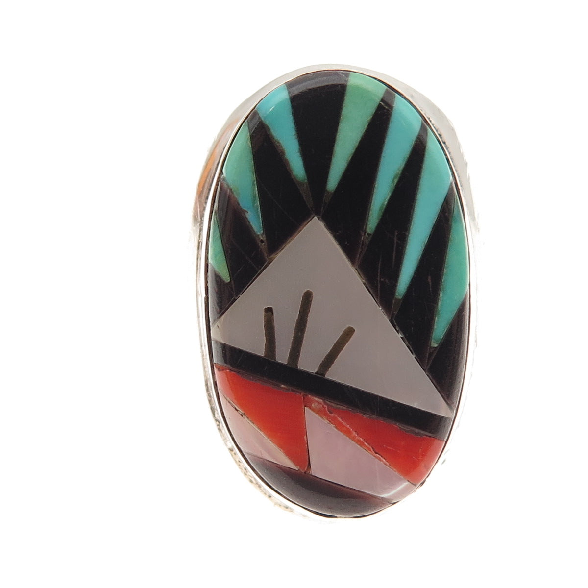 Lucy Gchachu Zuni Old Pawn 925 Sterling Turquoise Coral Onyx MOP Ring Size 11.5