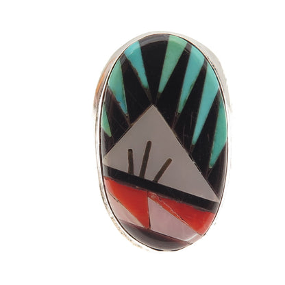 Lucy Gchachu Zuni Old Pawn 925 Sterling Turquoise Coral Onyx MOP Ring Size 11.5