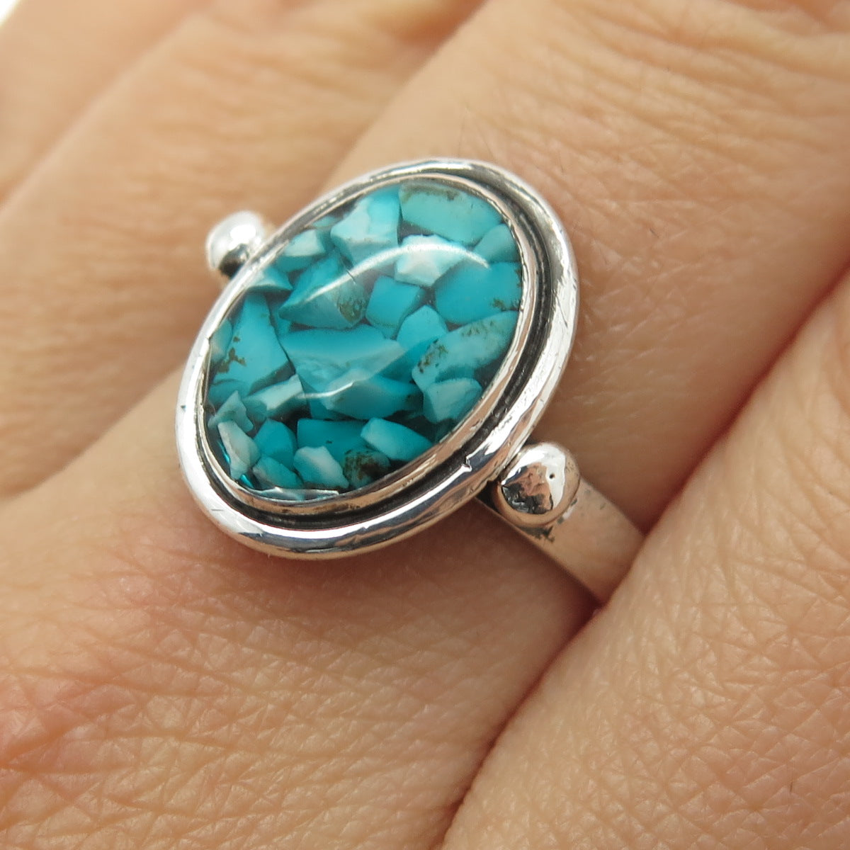 925 Sterling Silver Vintage RK Poland Real Turquoise Inlay Ring Size 8.5