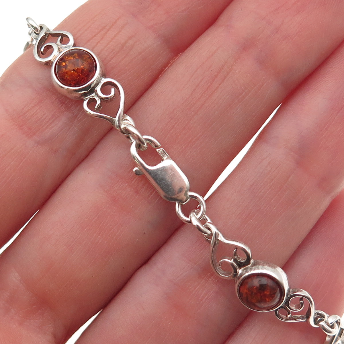 925 Sterling Silver Vintage Real Amber Heart Oxidized Bracelet 6.75"