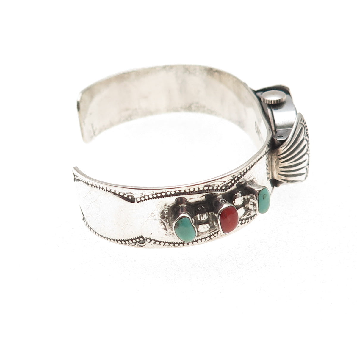 Willie Long Navajo Timex Watch Old Pawn Sterling Turquoise Coral Bracelet 5.75"