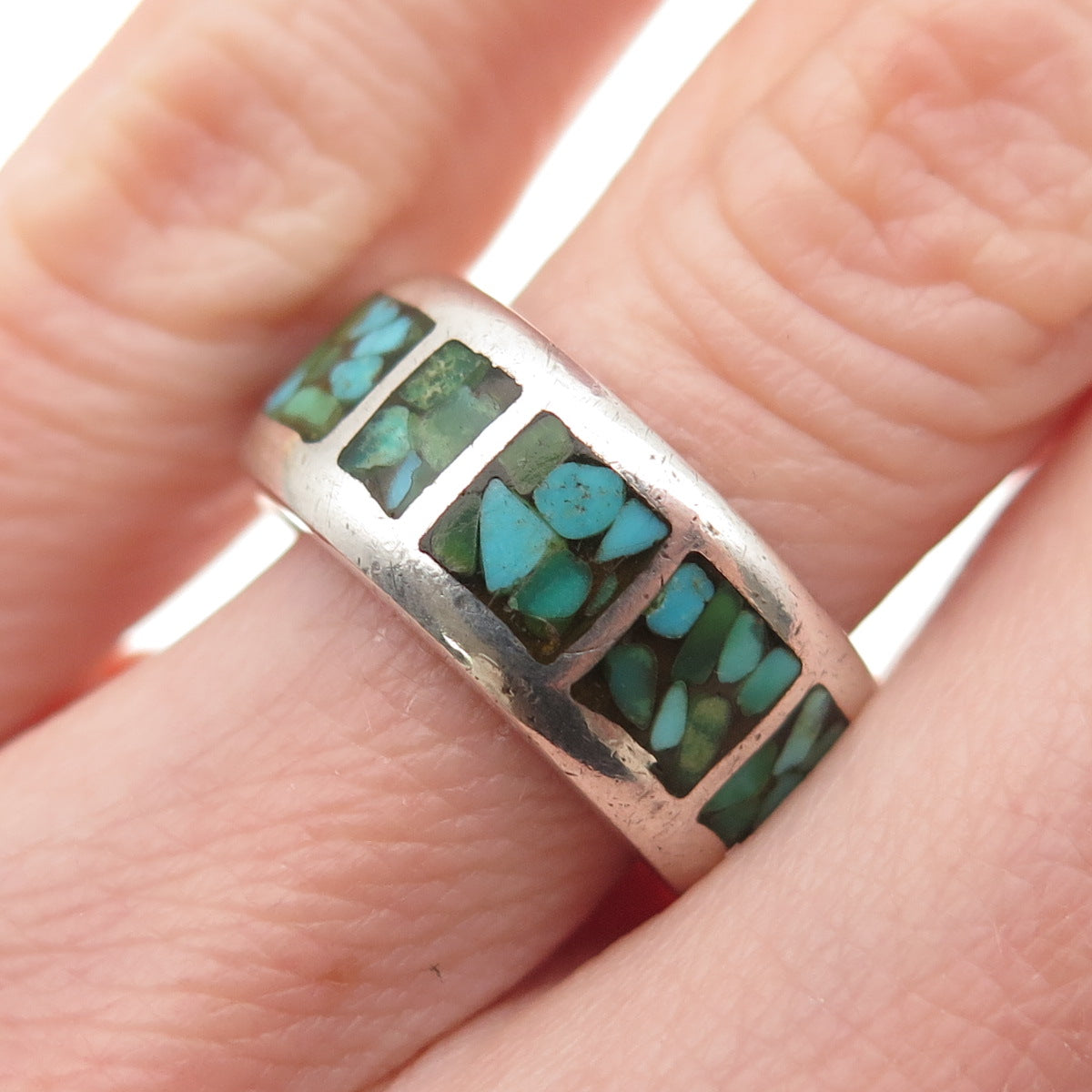 Old Pawn Sterling Silver Vintage Southwestern Turquoise Inlay Band Ring Size 6.5