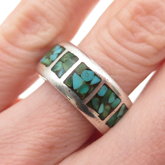 Old Pawn Sterling Silver Vintage Southwestern Turquoise Inlay Band Ring Size 6.5