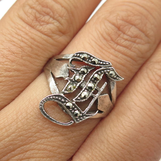 925 Sterling Silver Vintage Real Marcasite Letter "I" Gothic Style Ring Size 8