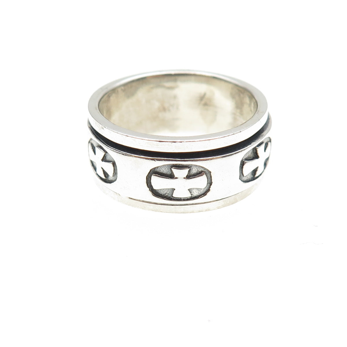 925 Sterling Silver Vintage Cross Oxidized Rotating Band Ring Size 7.75