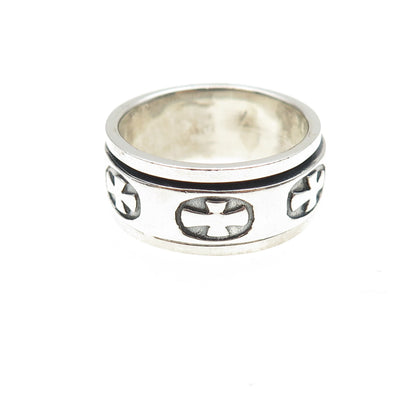 925 Sterling Silver Vintage Cross Oxidized Rotating Band Ring Size 7.75