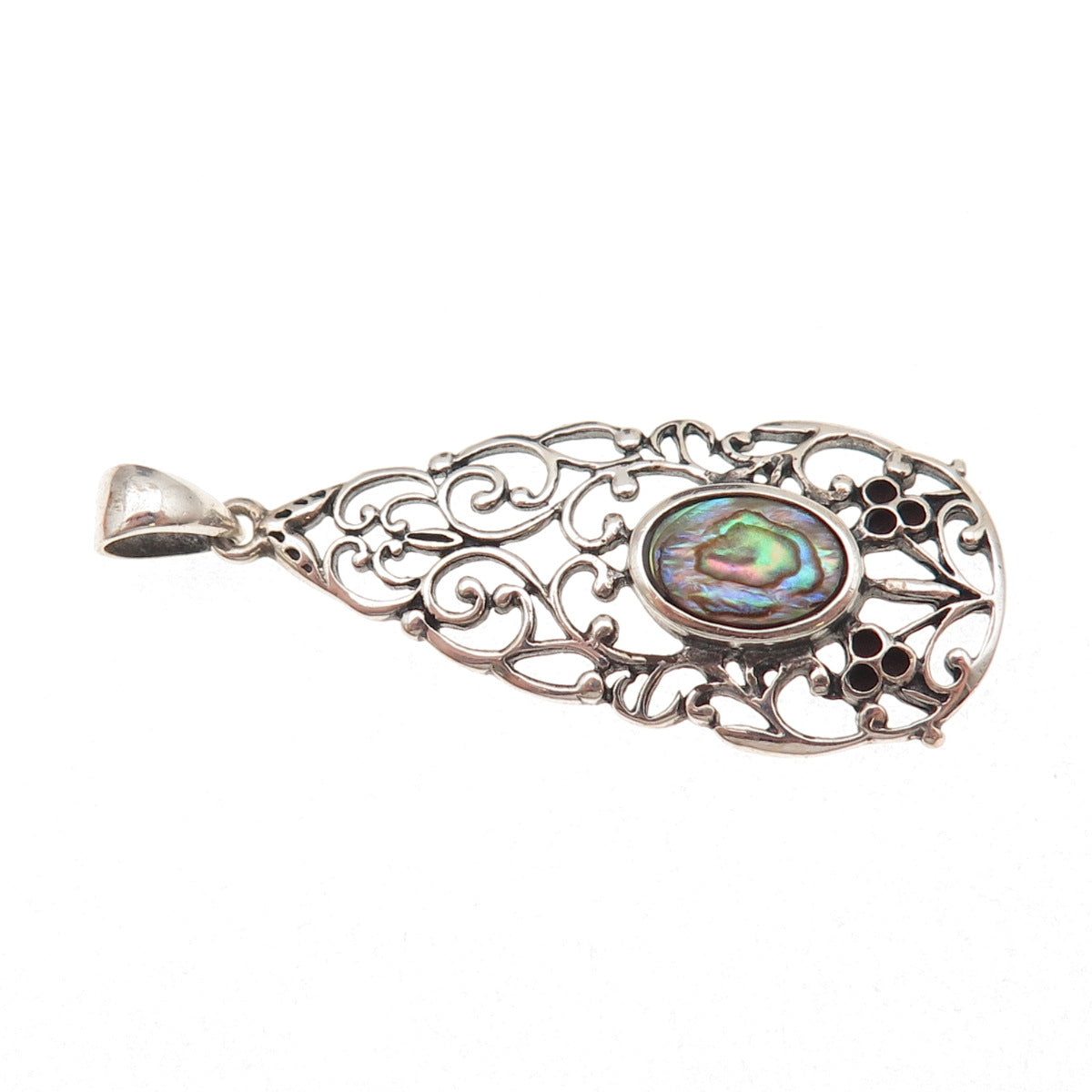 Nevada Sterling Silver Vintage Real Abalone Shell Floral Scroll Charm Pendant